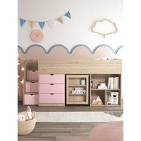 Very Home Mico Mid Sleeper Bed With Pull-Out Desk, Storage And Mattress Options (Buy &Amp; Save!) - Light Pink/Oak Effect - Bed Frame With Standard Mattress