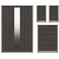 One Call Smyth Part Assembled 4 Piece Package - 3 Door Mirrored Wardrobe, 5 Drawer Chest And 2 Bedside Chests
